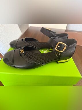 Sam Edelman Black Leather Quilted Ankle-Strap Flats with Gold Buckle